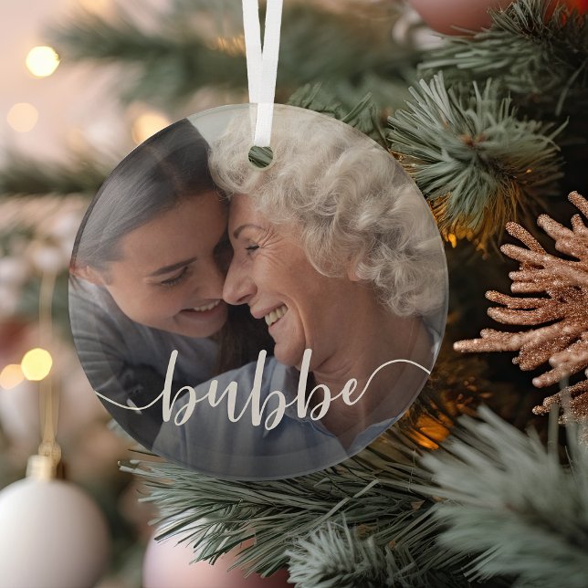 Bubbe Grandma Script Overlay Glass Ornament (Creator Uploaded)