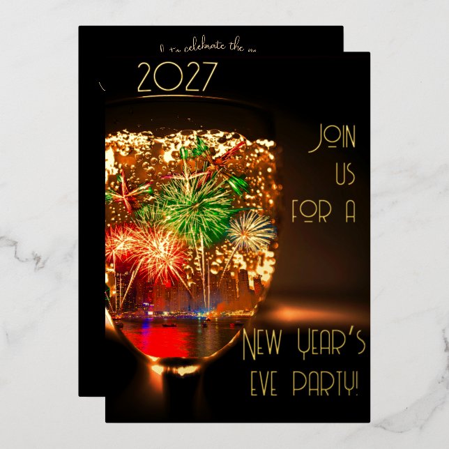 Bubble and  fireworks with gold - new year party foil invitation (Front/Back)