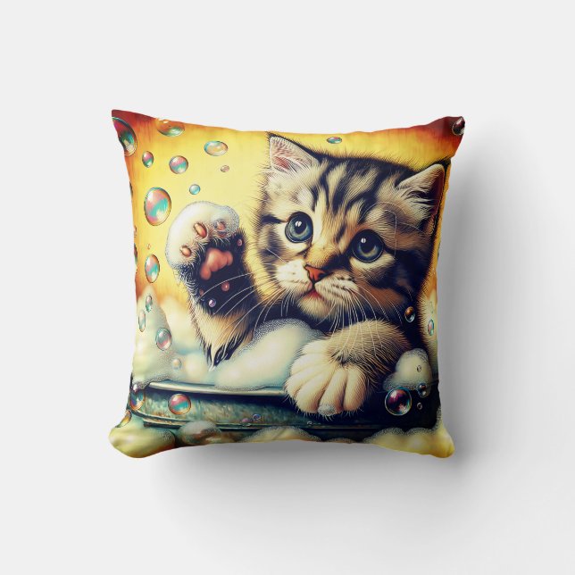 “Bubble Bath Kitten - Whimsical Bath Time Art” Throw Pillow (Front)
