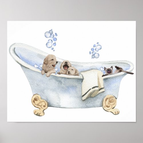 Bubble Bath Puppies Kitten Bathtub Bathroom Poster