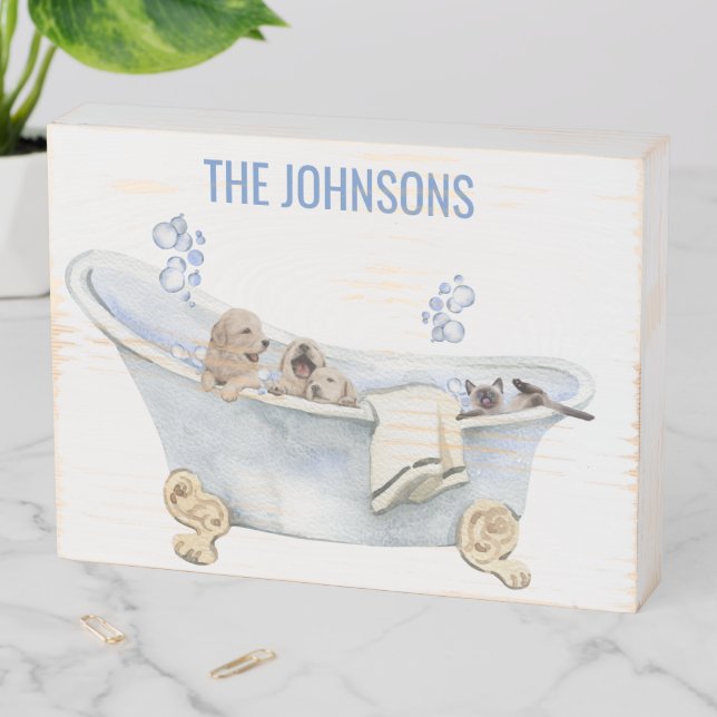 Bubble Bath Puppies Kitten Bathtub Bathroom  Wooden Box Sign (In Situ Horizontal)
