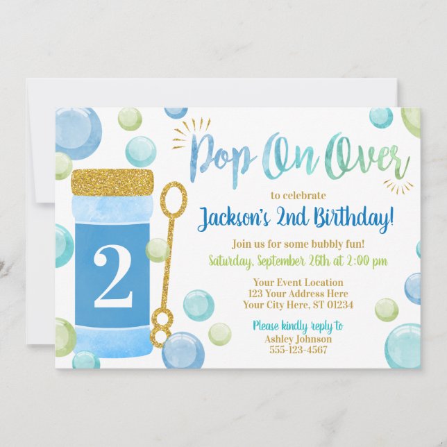 Bubble Birthday Invitation | Watercolor, Blue, Boy (Front)