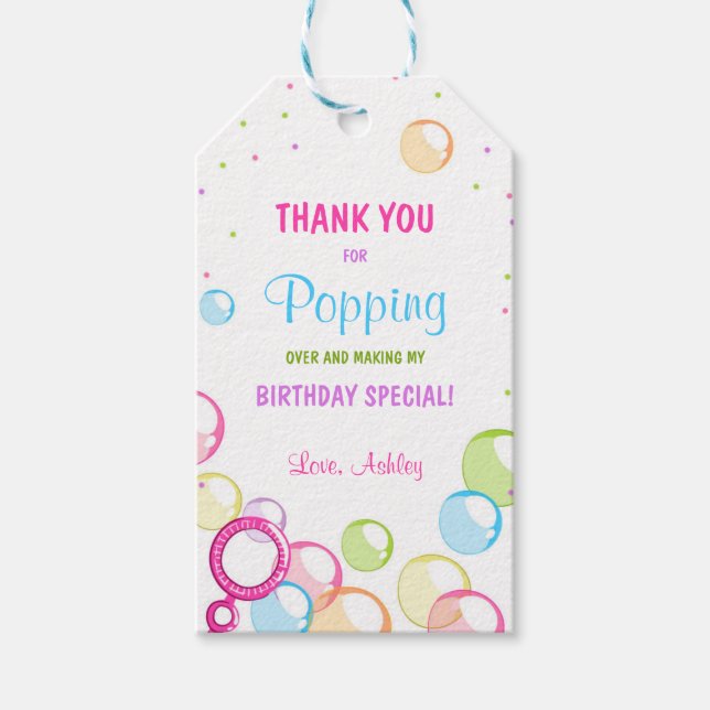 Bubble birthday thank you favor gift tag Girl Pink (Front)