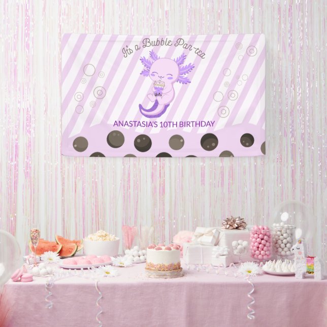 Bubble Boba Tea Purple Axolotl Birthday Party Banner (Party)