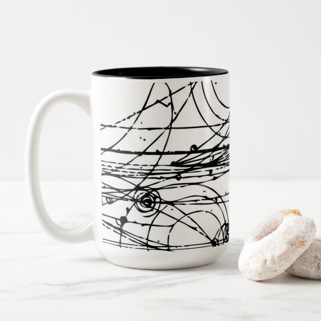 Bubble chamber tracks Two-Tone coffee mug (With Donut)
