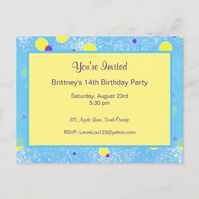 Bubble Dot Personalized Birthday Invite Postcard (Front)