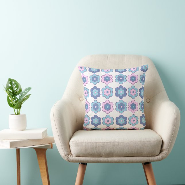 Bubble Flowers (pink and blue) Pattern Throw Pillow (Chair)