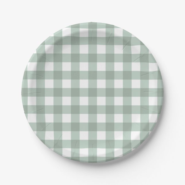 Bubble Frogs Gingham - sage laurel green plaid.  Paper Plates (Front)