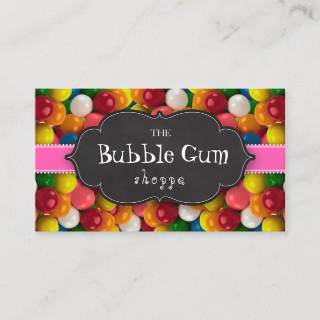Bubble Gum Colorful Gumball Pink Stripe Chalkboard Business Card (Front)