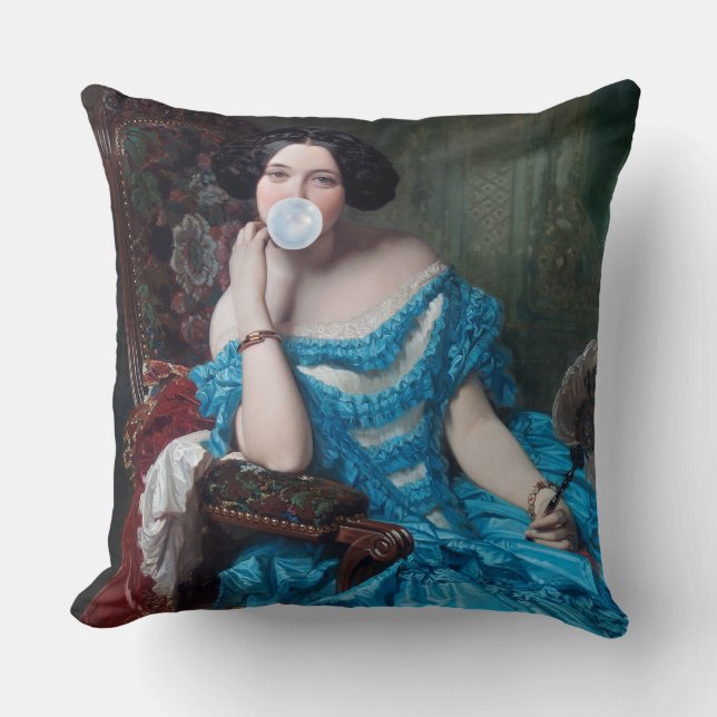 Bubble gum Diva in blue satin  Throw Pillow (Front)