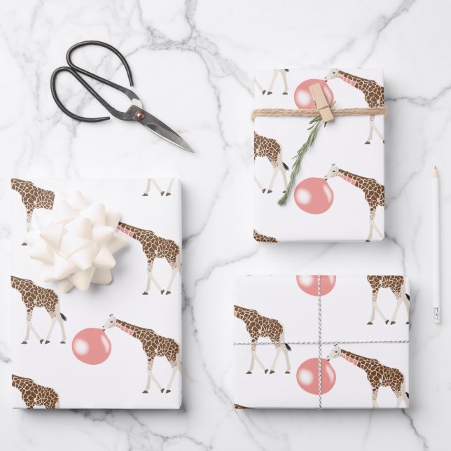 Bubble Gum Giraffe Blowing Bubble Wrapping Paper Sheets (Front)