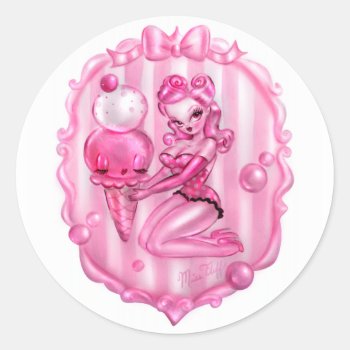 Bubble Gum Ice Cream Pin Up Classic Round Sticker by FluffShop at Zazzle