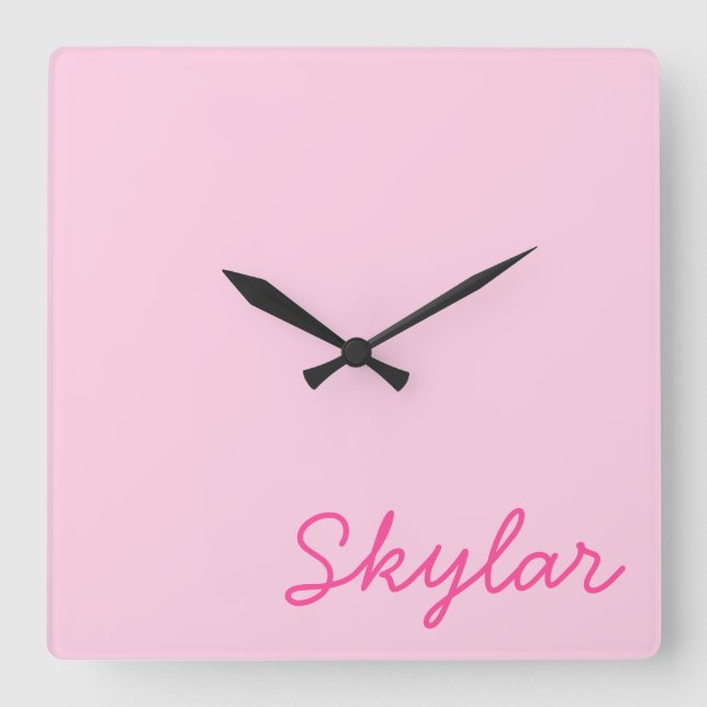 Bubble Gum Pink Hot Pink Custom Cursive Name Squar Square Wall Clock (Front)