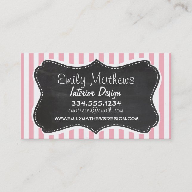 Bubble Gum Pink Stripes; Vintage Chalkboard look Business Card (Front)