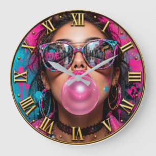 Bubble Gum Queen Luxury Fashion Woman Portrait Large Clock