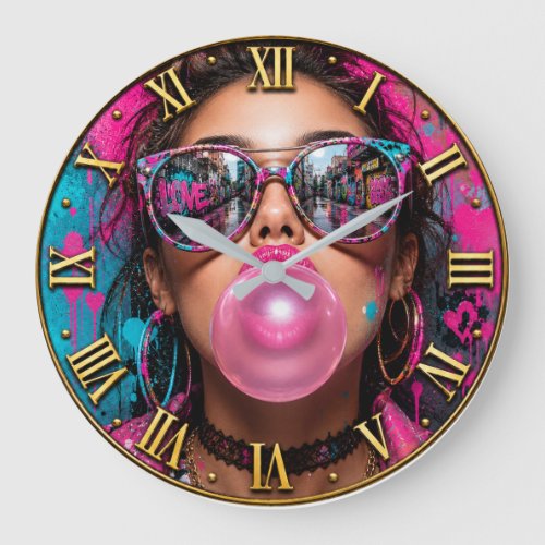 Bubble Gum Queen Luxury Fashion Woman Portrait  Large Clock