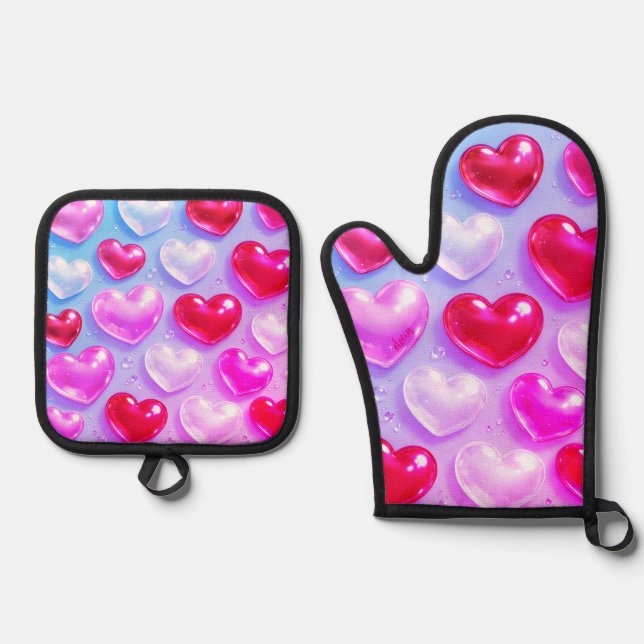 bubble heart oven mitt & pot holder set (Front)