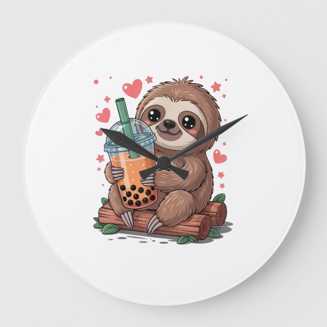 Bubble Kawaii Sloth Drinking Boba Tea T-Shirt Large Clock (Front)