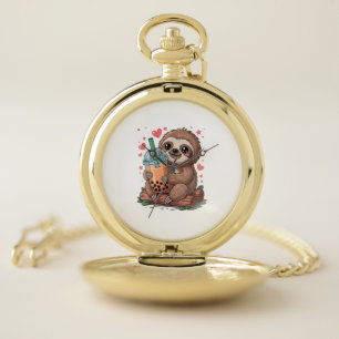 Bubble Kawaii Sloth Drinking Boba Tea T-Shirt Pocket Watch