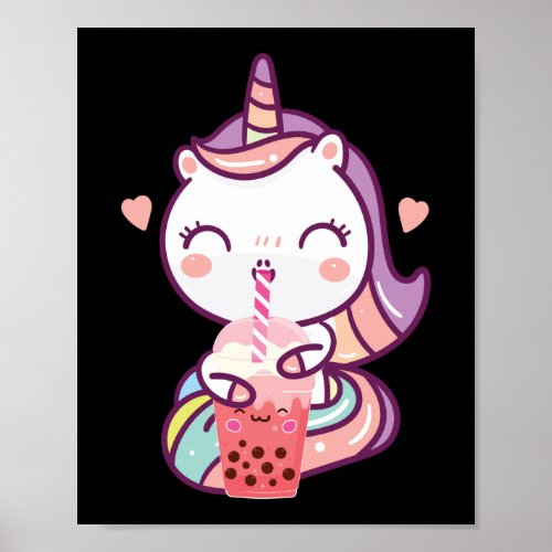 Bubble Kawaii Unicorn Drinking Boba Tea Poster