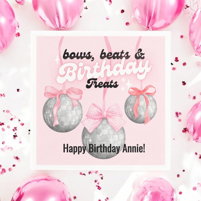Bubble Letters Pink Bow Ribbon Silver Disco Balls Napkins (Creator Uploaded)