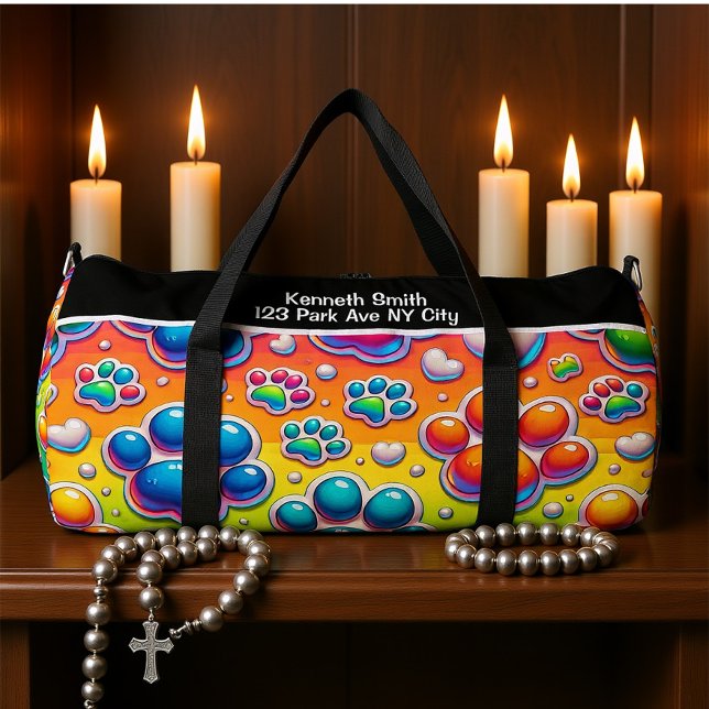 Bubble Paw Print Rainbow Travel Monogram Personal Duffle Bag (Creator Uploaded)