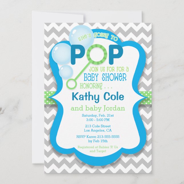 Bubble Pop Boy Baby Shower Blue & Green Invitation (Front)