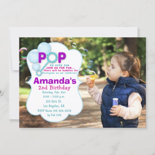 Bubble Pop Girl Photo Birthday Party Invitation