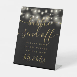 Bubble Send Off String Lights Black And Gold Pedestal Sign