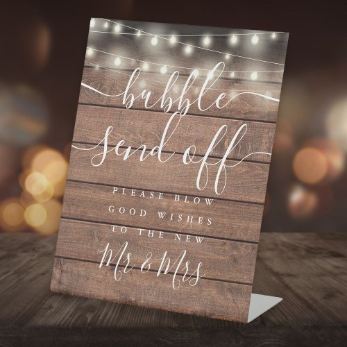 Bubble Send Off String Lights Rustic Wood Pedestal Sign