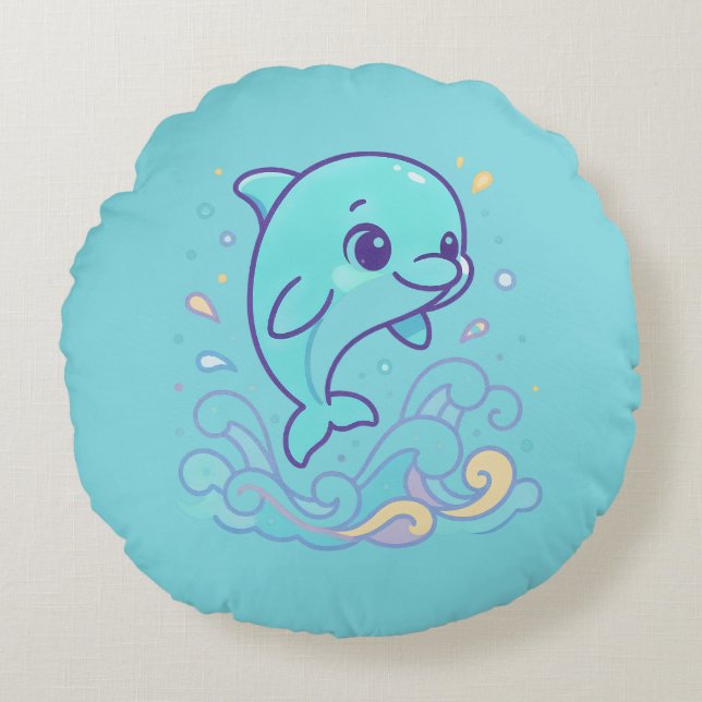 Bubble Splash Dolphin Cute Ocean Animal Custom Round Pillow (Front)