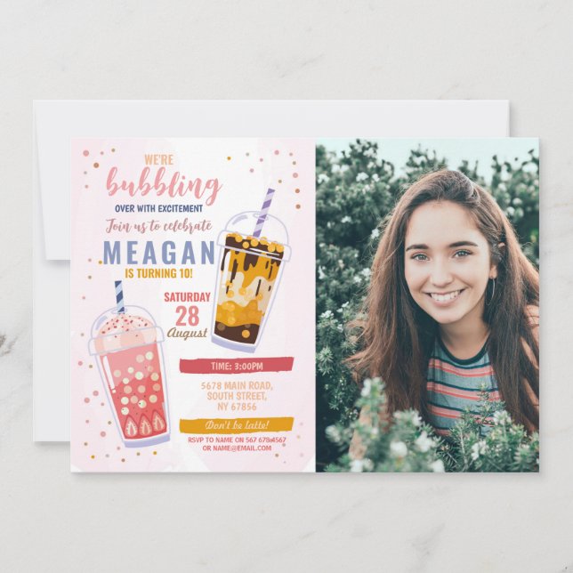 Bubble Tea Birthday Cafe Shop Photo Celebration Invitation (Front)