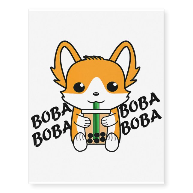 Bubble Tea Boba Corgi Premium Temporary Tattoos (Front)