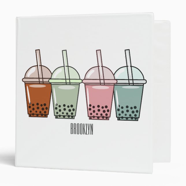 Bubble tea cartoon illustration  3 ring binder (Front/Inside)