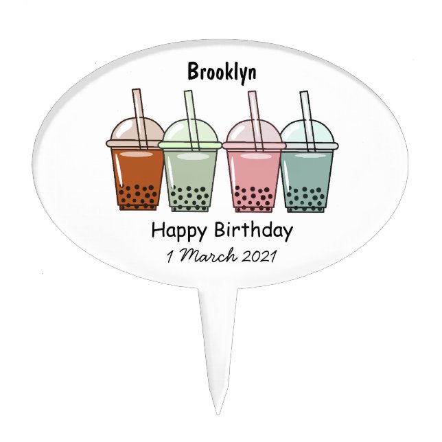 Bubble tea cartoon illustration cake topper (Front)