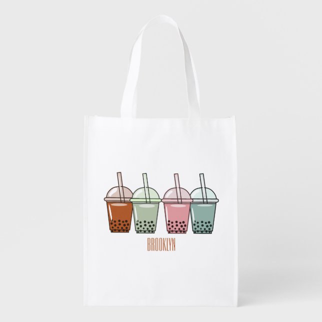 Bubble tea cartoon illustration  grocery bag (Front)