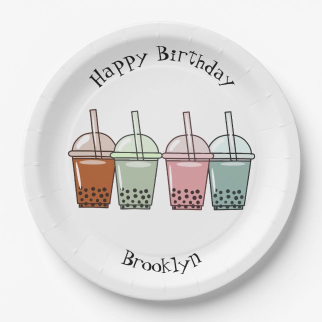 Bubble tea cartoon illustration paper plates (Front)