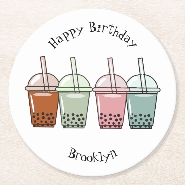 Bubble tea cartoon illustration  round paper coaster (Front)