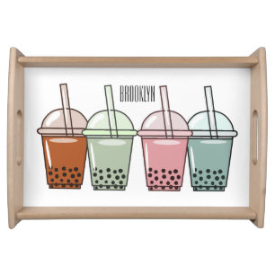 Bubble tea cartoon illustration serving tray