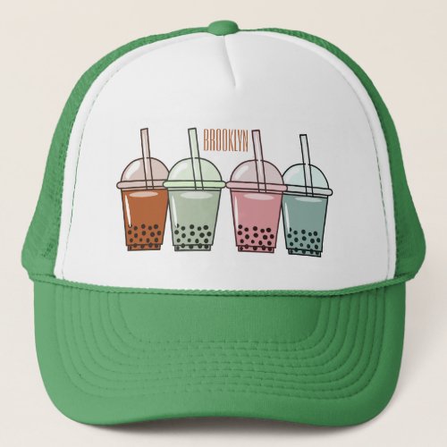 Bubble tea cartoon illustration trucker hat