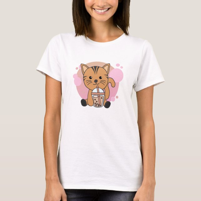 Bubble Tea Cat With Chocolate Sweet Animals Cats T-Shirt (Front)