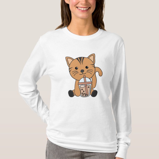 Bubble Tea Cat With Chocolate Sweet Animals Cats T-Shirt (Front)