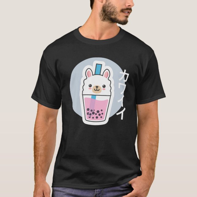 Bubble Tea, Cute Kawaii Llama Alpaca, Japanese Kan T-Shirt (Front)