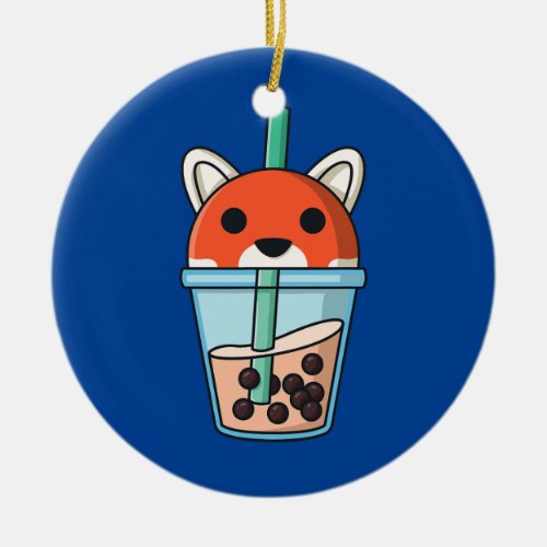 Bubble tea Fox boba pearls sweet Red Panda Girl  Ceramic Ornament