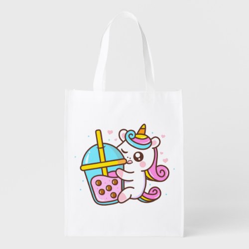 Bubble Tea Loving Unicorn Grocery Bag