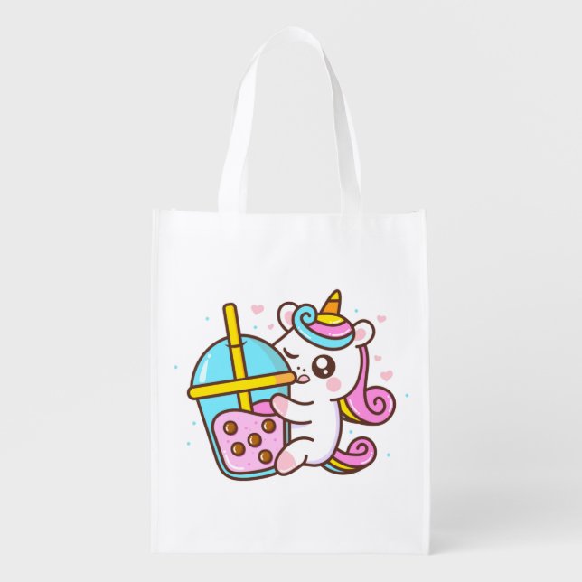 Bubble Tea Loving Unicorn Grocery Bag (Front)