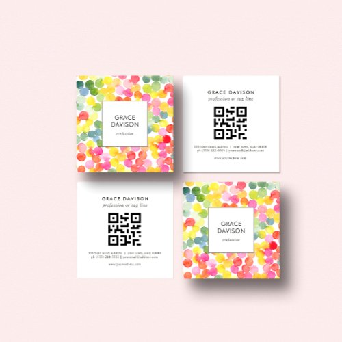 Bubble Tea Rainbow Pink Orange Green QR Code  Square Business Card