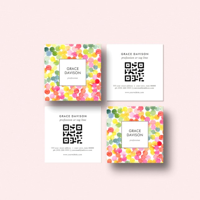 Bubble Tea Rainbow Pink Orange Green QR Code  Square Business Card (Creator Uploaded)