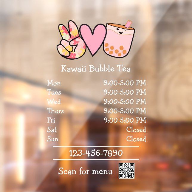 Bubble Tea Restaurant Open Hours Window Cling (Sheet 2)