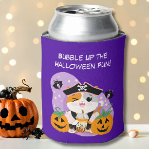Bubble Tea with Pirate Kawaii Cat Halloween Fun Can Cooler